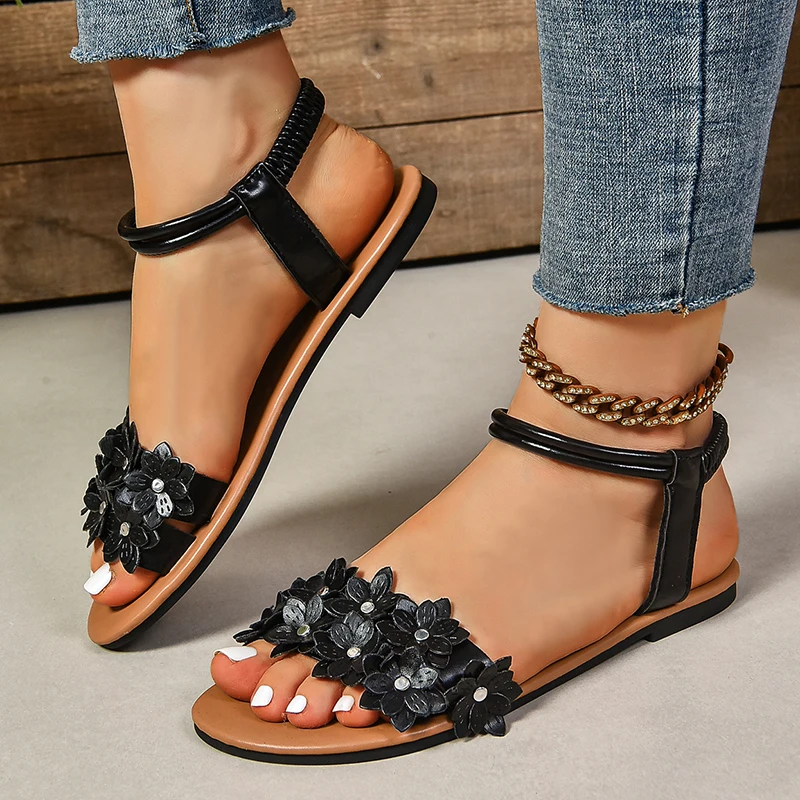Flower Decoration Flat Sandals - Ethnic Fashion Women 评论和价格